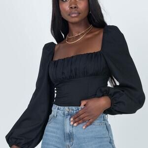 Princess Polly Coquette Puff Sleeve Square Neck Bodysuit Size Small Black Preppy